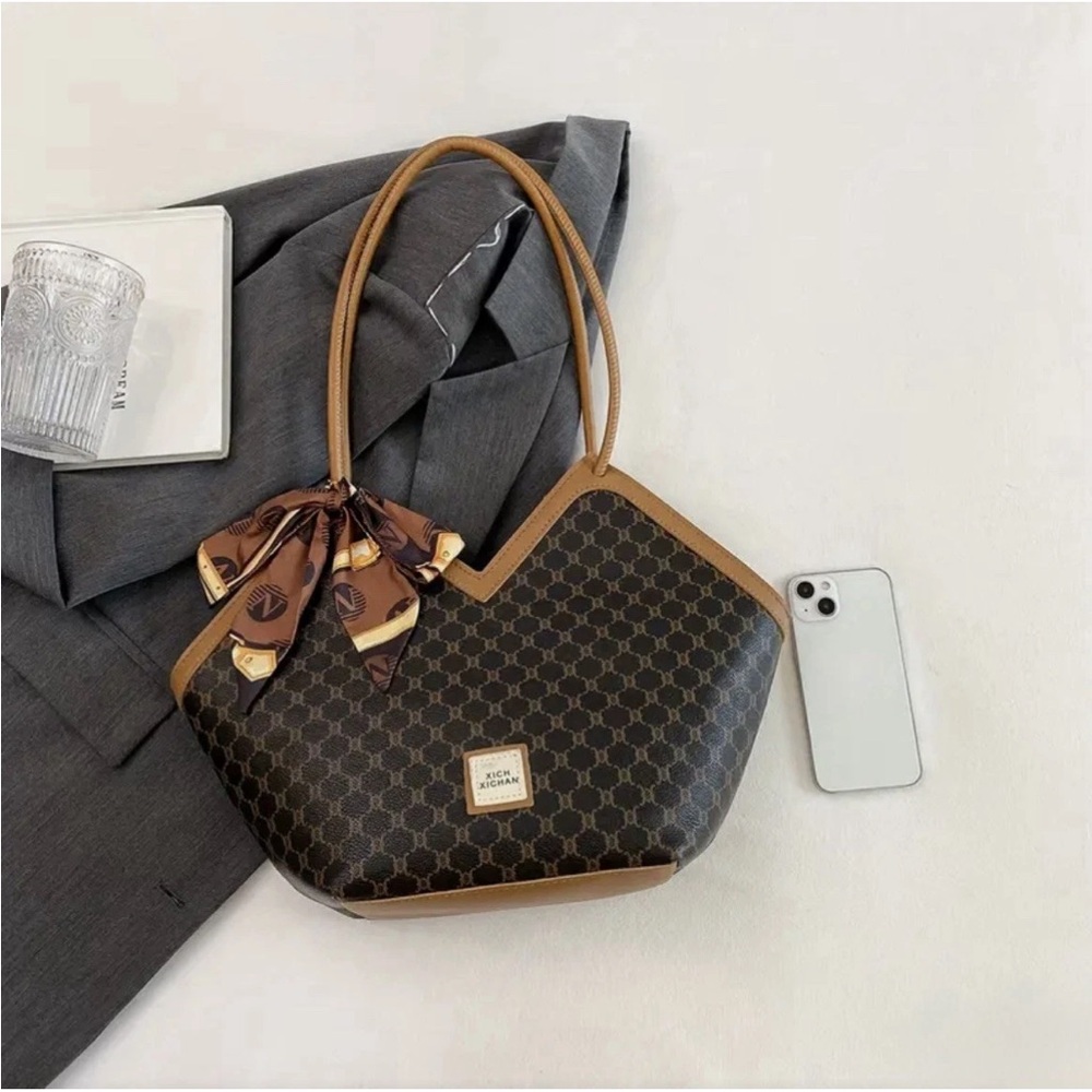 Classic Geometric Pattern Tote Purse Bag Trendy Shoulder Bag Brown Scarf Decor - Picture 5 of 9